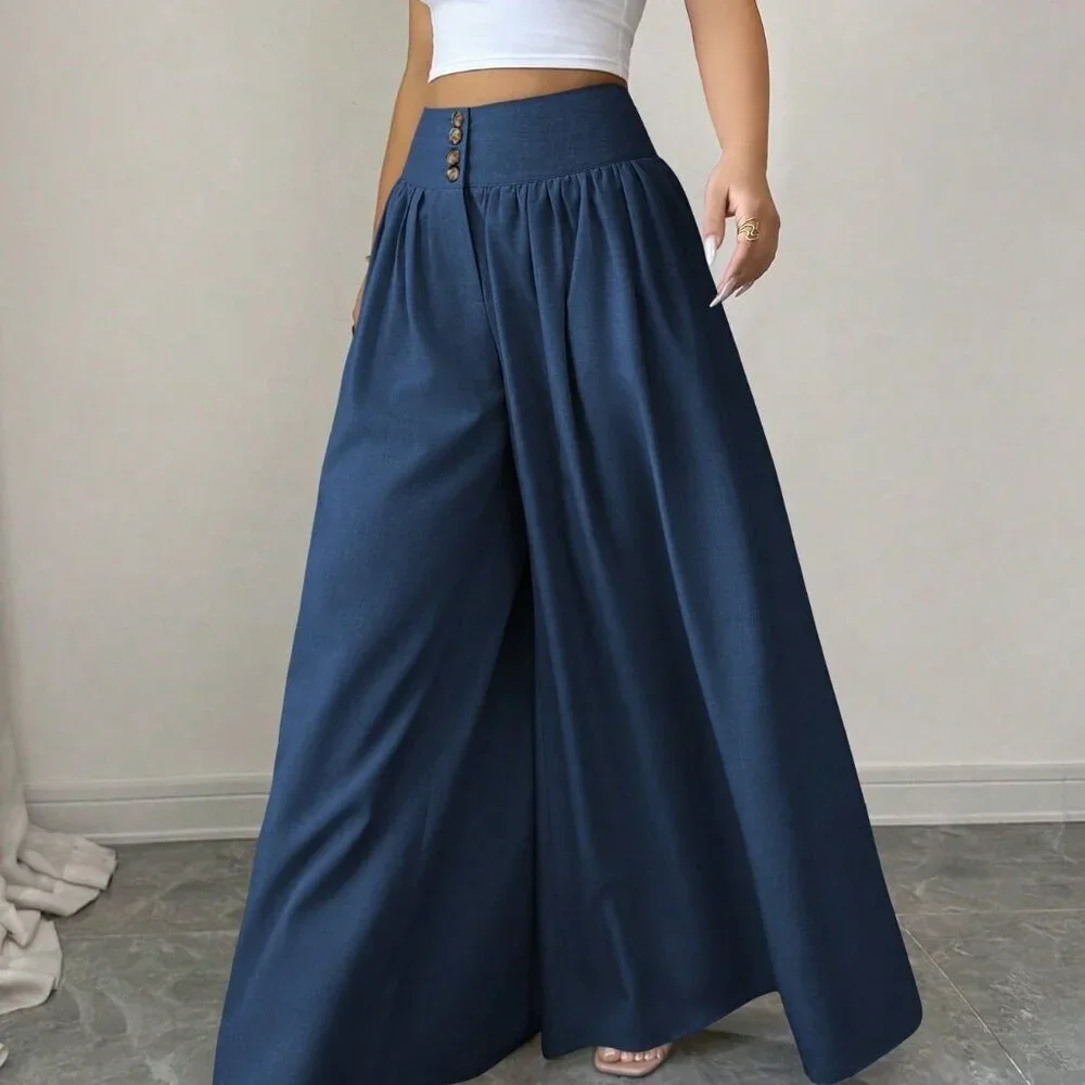 Blue Casual Women's Elegant Floral Buckle Design Loose Pants